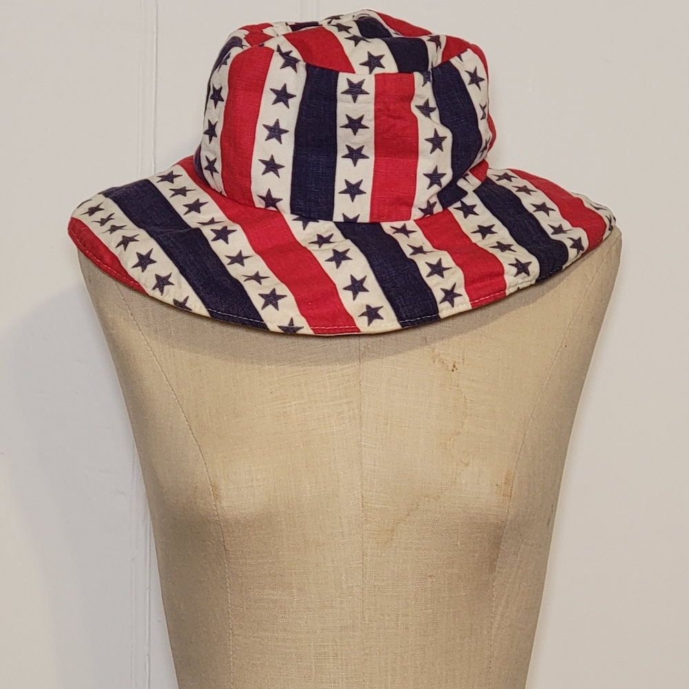 Red, white and blue vintage cotton hat with brim. 20 inch circumference.